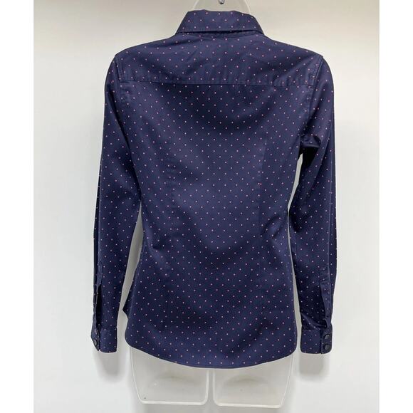 Banana Republic Non Iron Shirt Top Women’s Size 0 Button Up LS Blue W/ Pink Dots - Picture 4 of 6